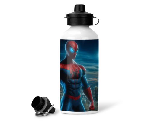 Personalised Aluminium Water Bottles - White 600ml. Spiderman Image